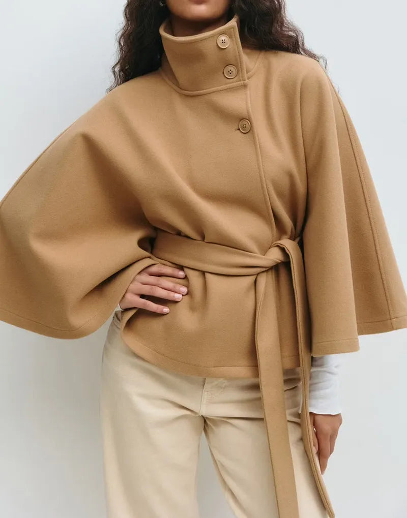 Women's Belted Cape Coat High-Neck Button Bell-Sleeve Winter Outerwear