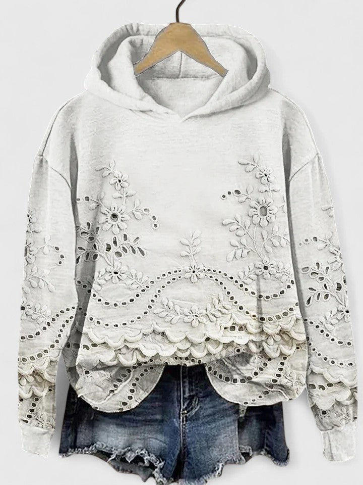 Women's Floral Embroidered Eyelet Lace Hoodie Long Sleeve Scalloped Hem Casual