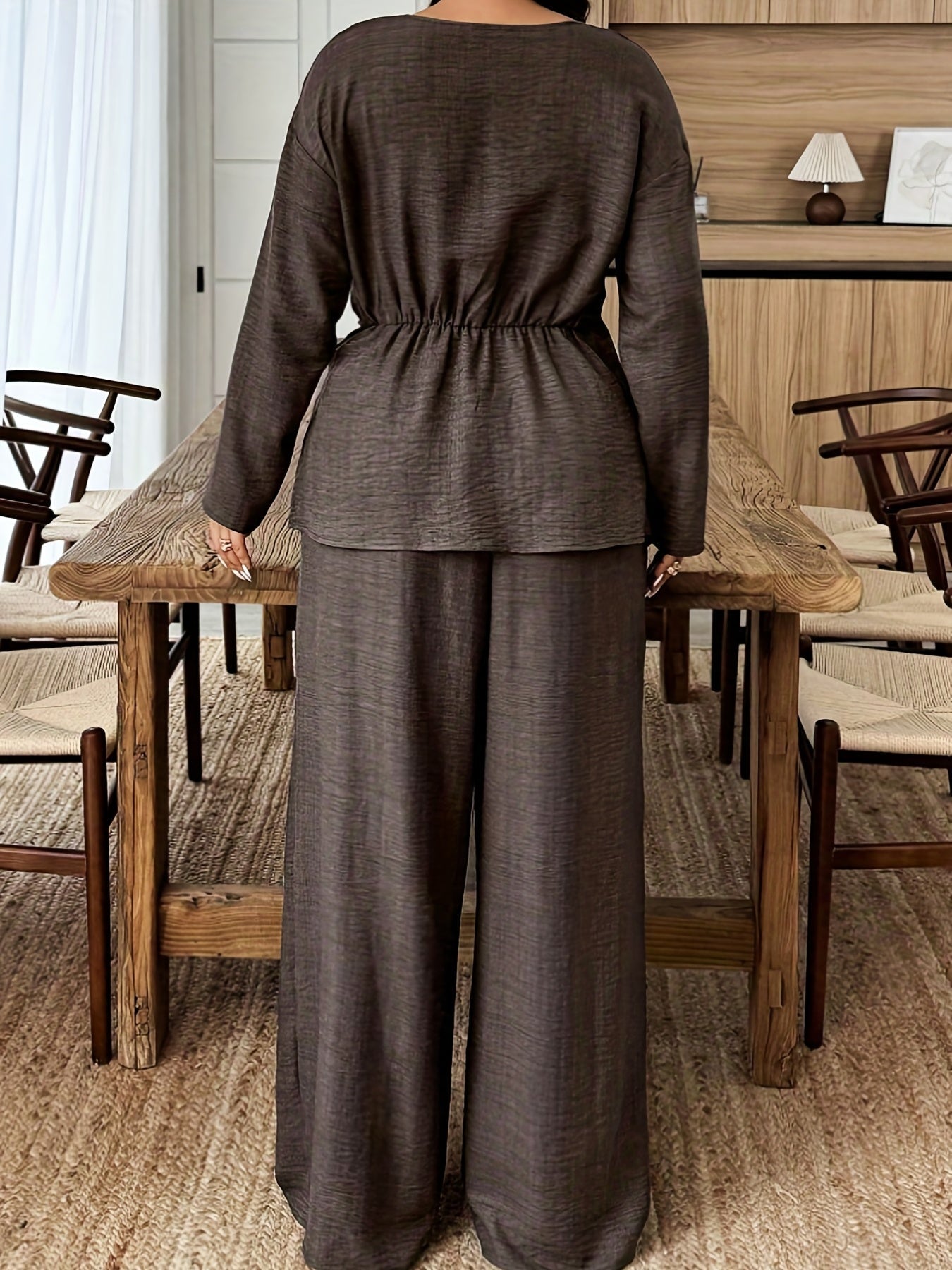 Women's Plus Size 2-Piece Set Waist-Cinching Top Round Neck Long Sleeve Wide-Leg Pants Casual