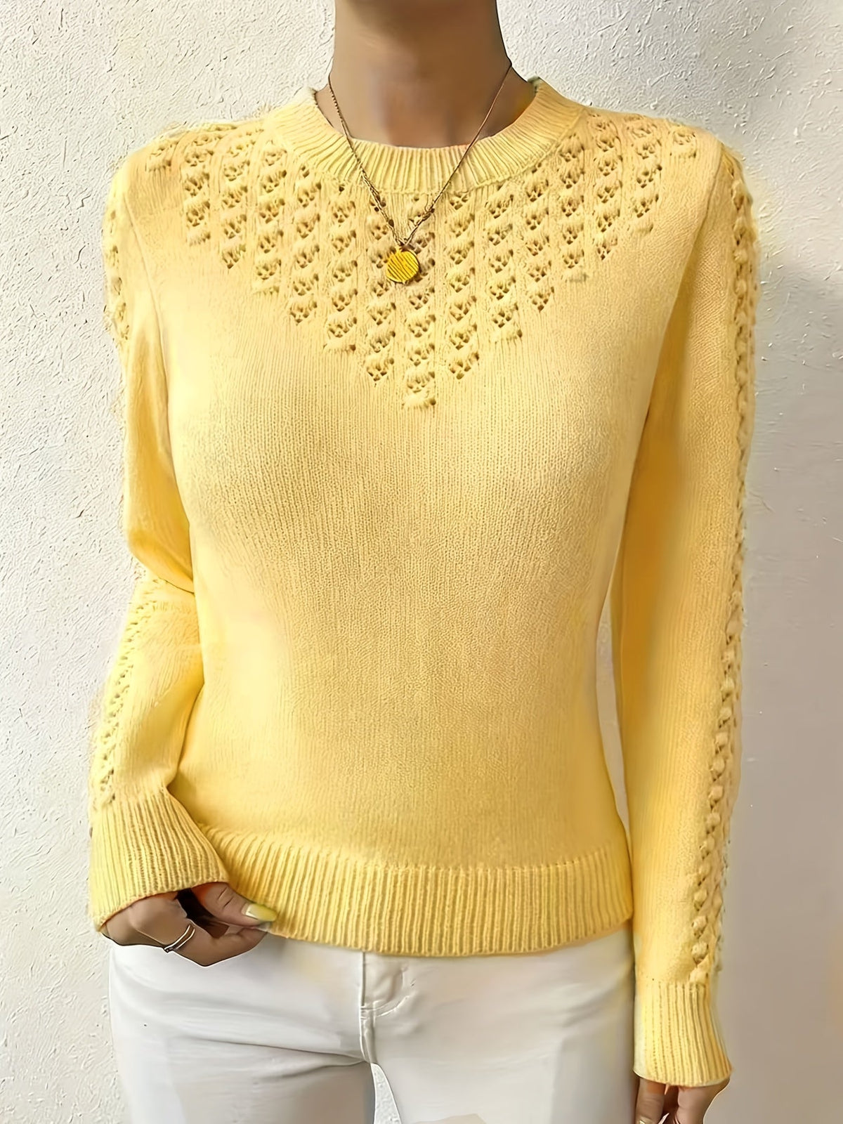 Women's Pointelle Crew Neck Sweater Long Sleeve Knit Casual Pullover