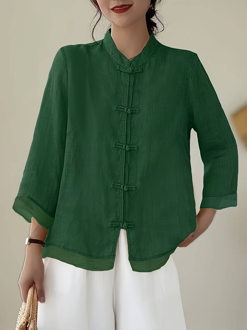 Women's Linen Shirt Green Mandarin Collar Button Up Long Sleeve Casual