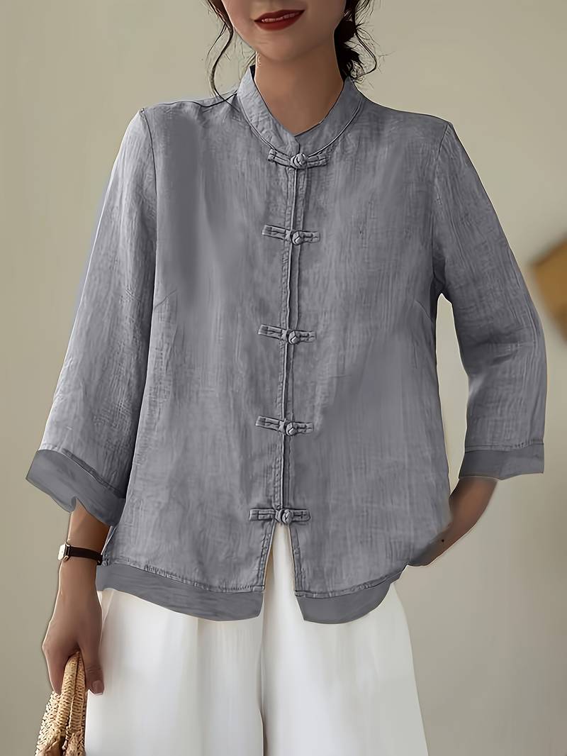 Women's Linen Shirt Green Mandarin Collar Button Up Long Sleeve Casual