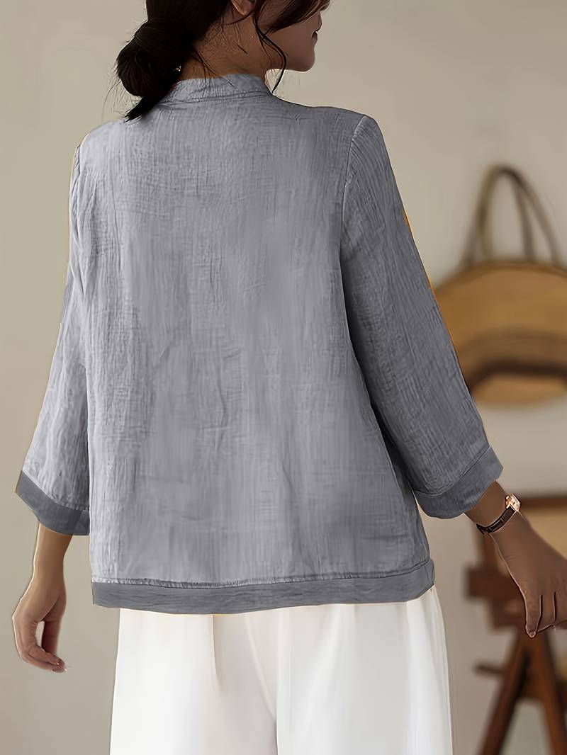 Women's Linen Shirt Green Mandarin Collar Button Up Long Sleeve Casual