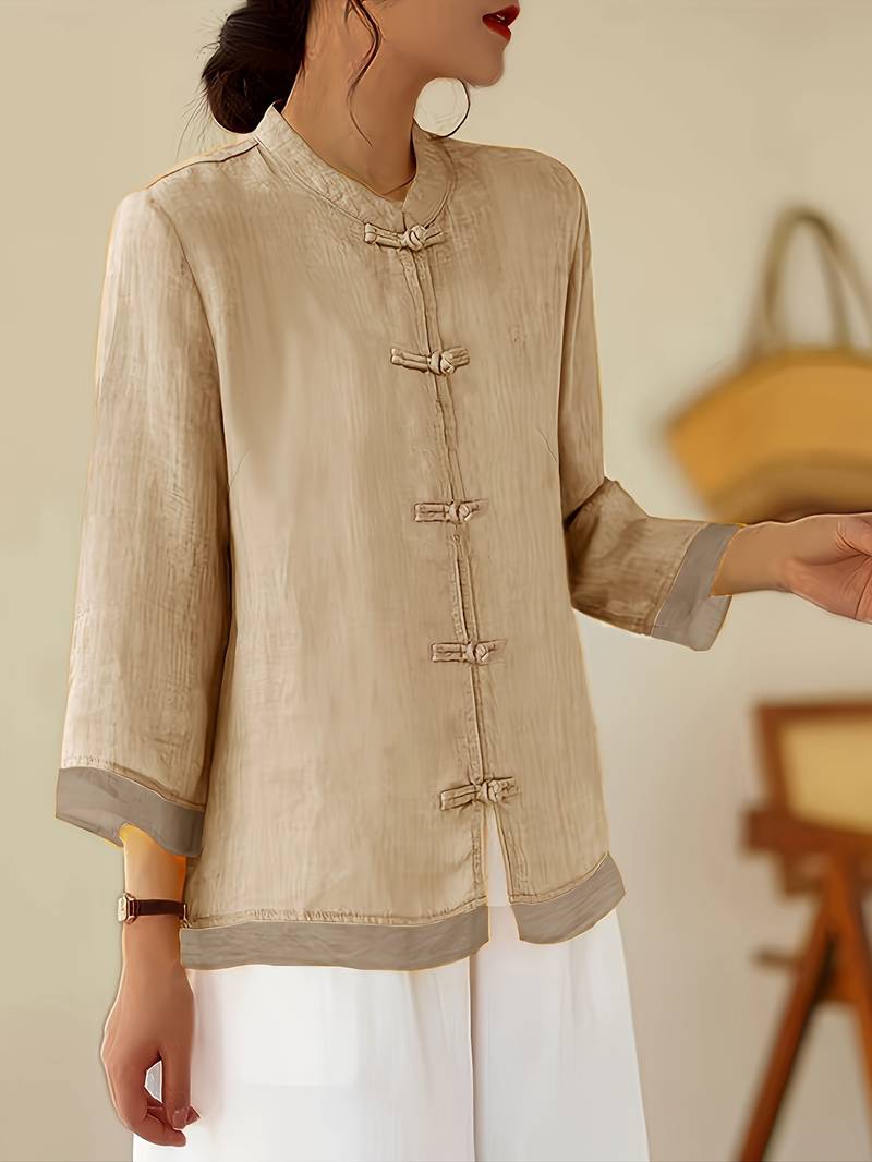 Women's Linen Shirt Green Mandarin Collar Button Up Long Sleeve Casual