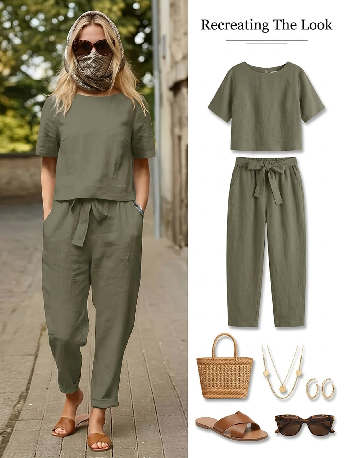 Women's 2-Piece Set Round Neck Short Sleeve Top Tie Waist Wide Leg Pants Casual