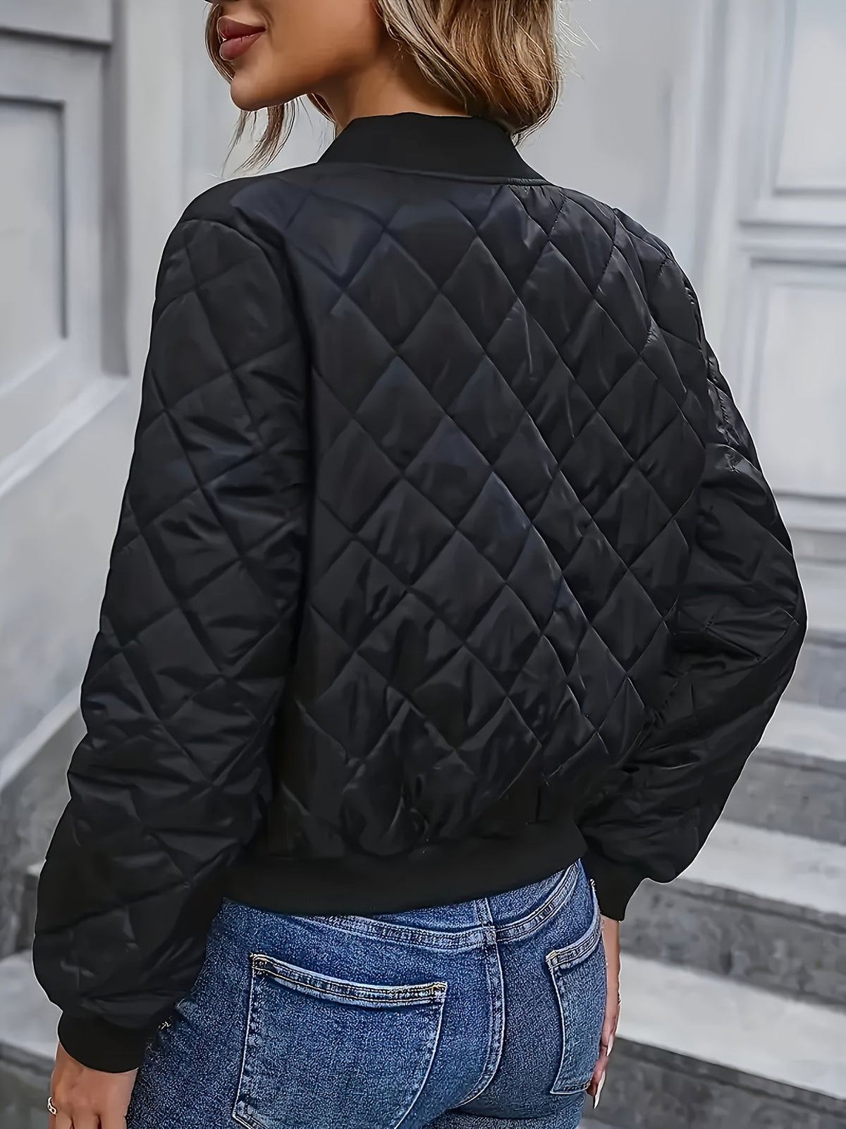 Women's Bomber Jacket Quilted Diamond Pattern Zip Front Crew Neck Long Sleeve Casual
