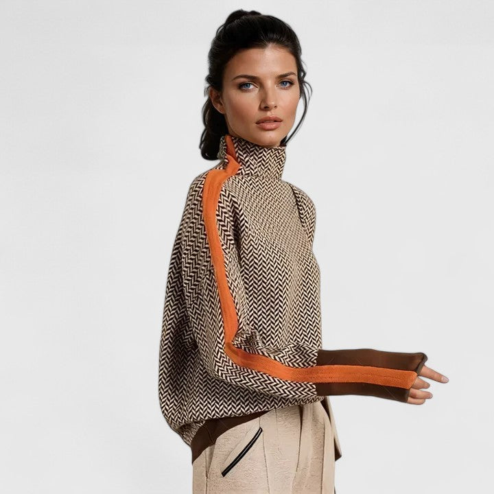 Women's Turtleneck Herringbone Sweater Colorblock Long Sleeve Knit Winter Pullover