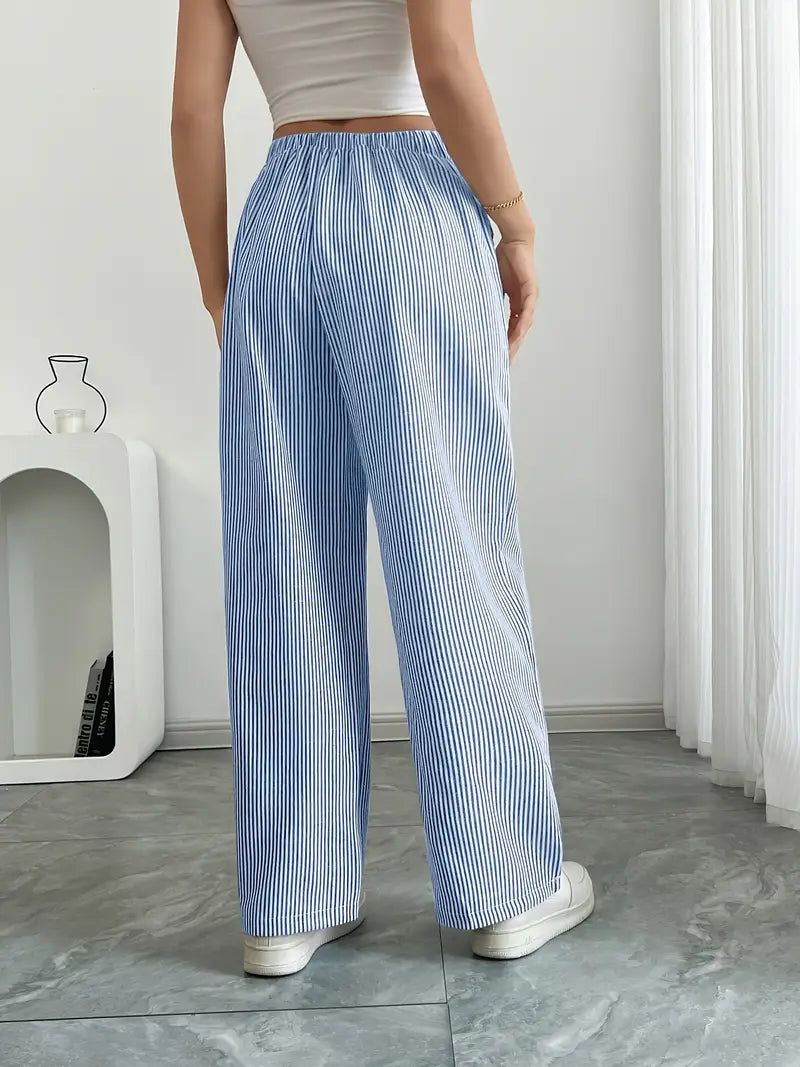 Women's Striped Wide Leg Pants Drawstring High Waist Pockets Casual Trousers