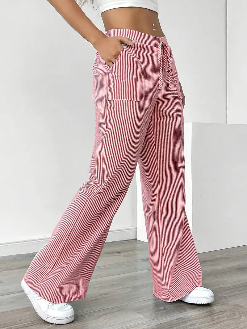 Women's Striped Wide Leg Pants Drawstring High Waist Pockets Casual Trousers