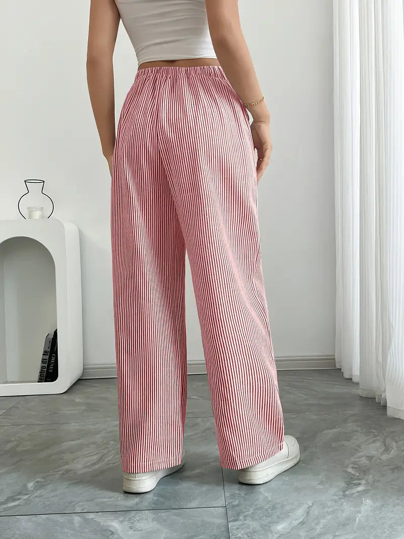 Women's Striped Wide Leg Pants Drawstring High Waist Pockets Casual Trousers