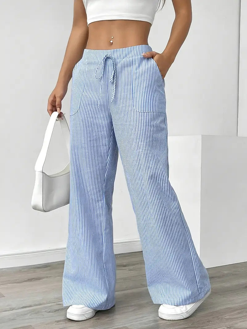 Women's Striped Wide Leg Pants Drawstring High Waist Pockets Casual Trousers