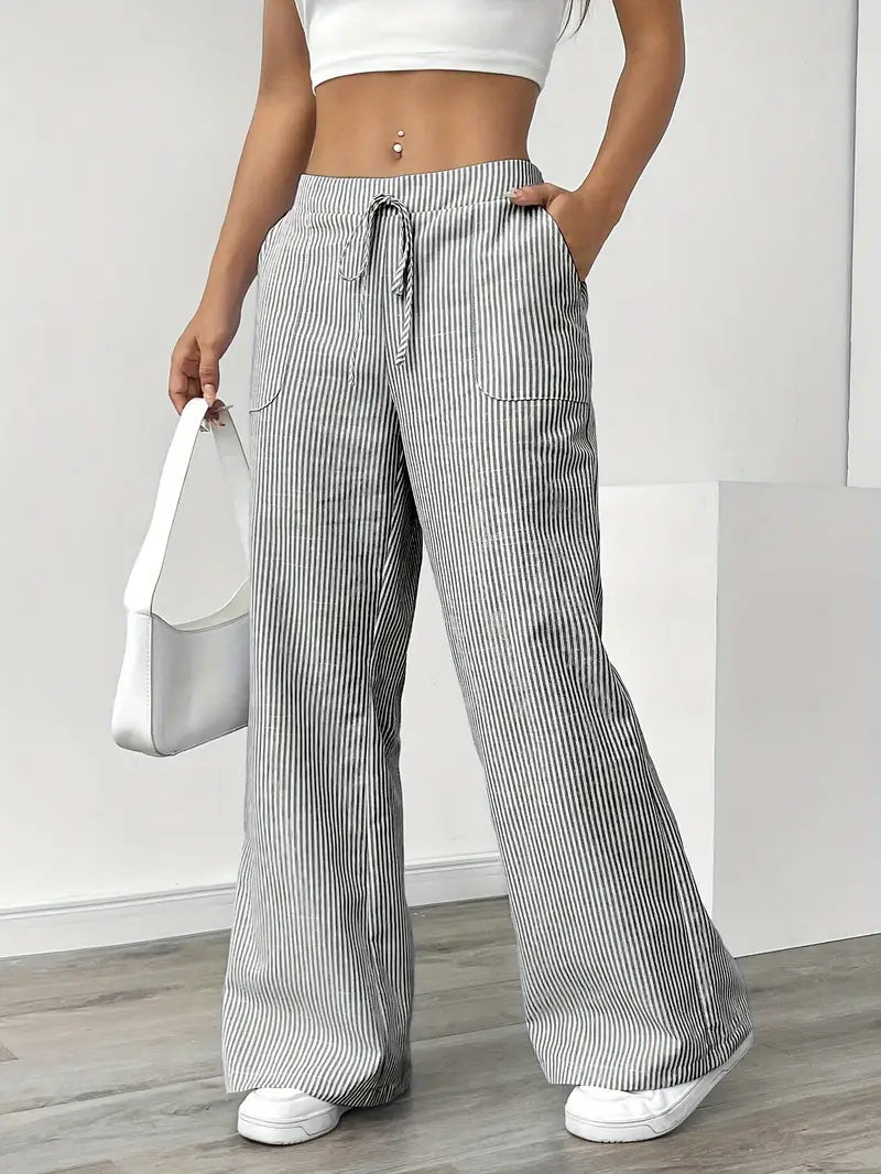 Women's Striped Wide Leg Pants Drawstring High Waist Pockets Casual Trousers
