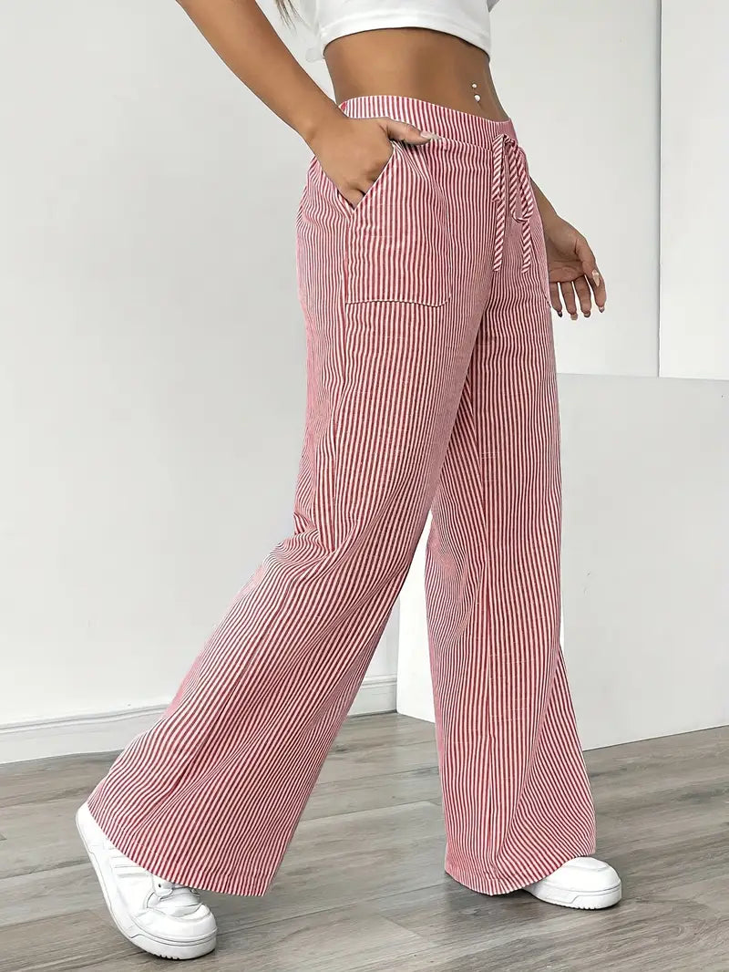 Women's Striped Wide Leg Pants Drawstring High Waist Pockets Casual Trousers