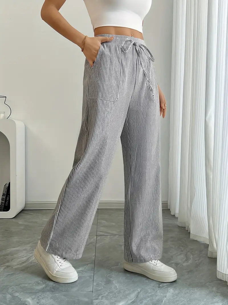 Women's Striped Wide Leg Pants Drawstring High Waist Pockets Casual Trousers