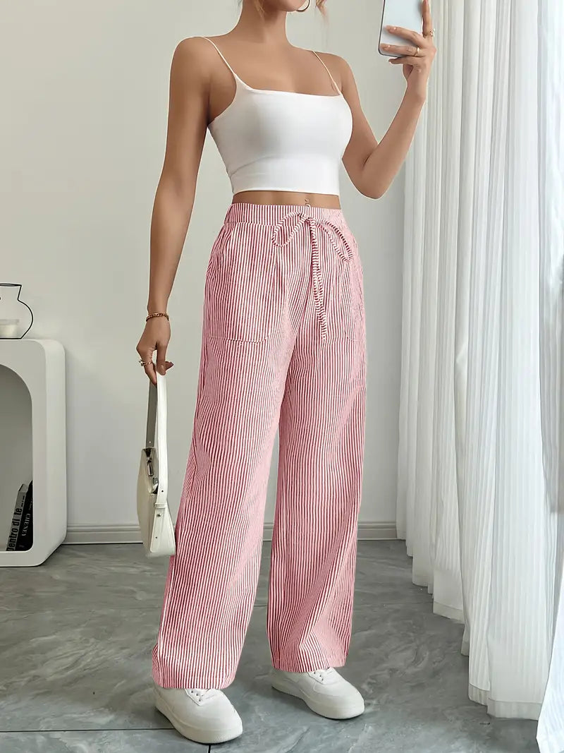 Women's Striped Wide Leg Pants Drawstring High Waist Pockets Casual Trousers
