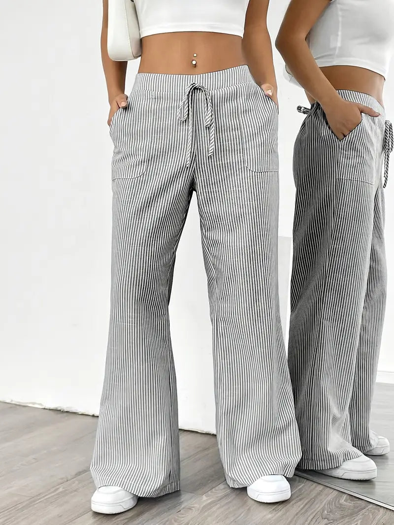 Women's Striped Wide Leg Pants Drawstring High Waist Pockets Casual Trousers