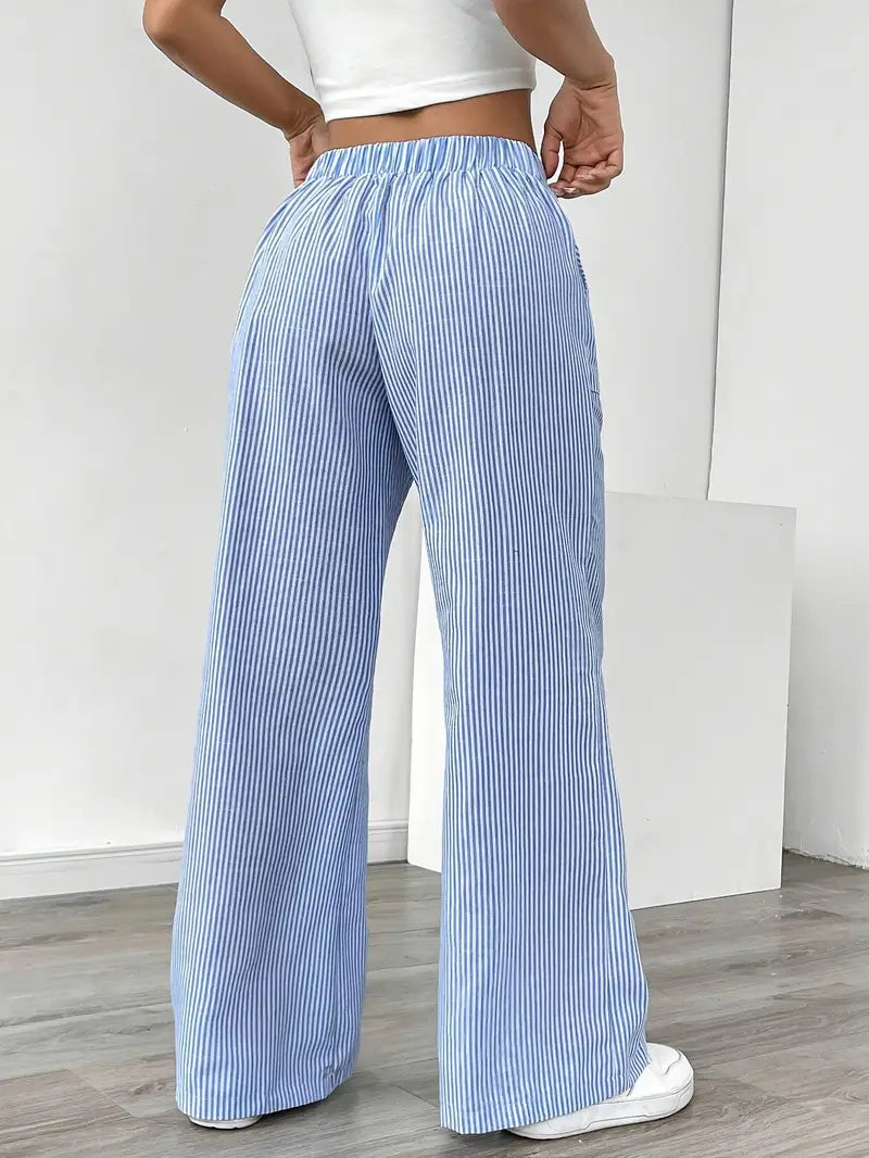 Women's Striped Wide Leg Pants Drawstring High Waist Pockets Casual Trousers