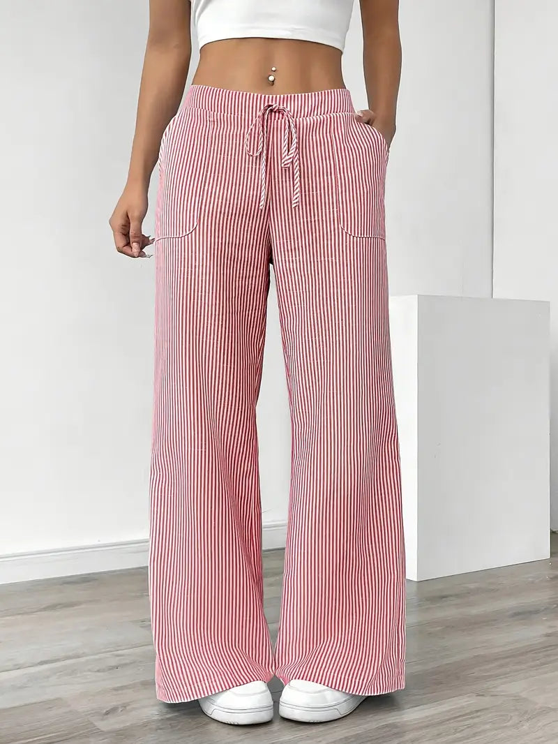 Women's Striped Wide Leg Pants Drawstring High Waist Pockets Casual Trousers
