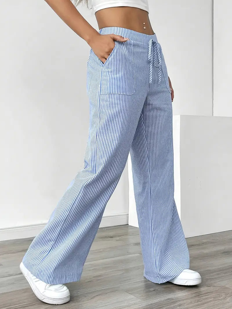 Women's Striped Wide Leg Pants Drawstring High Waist Pockets Casual Trousers
