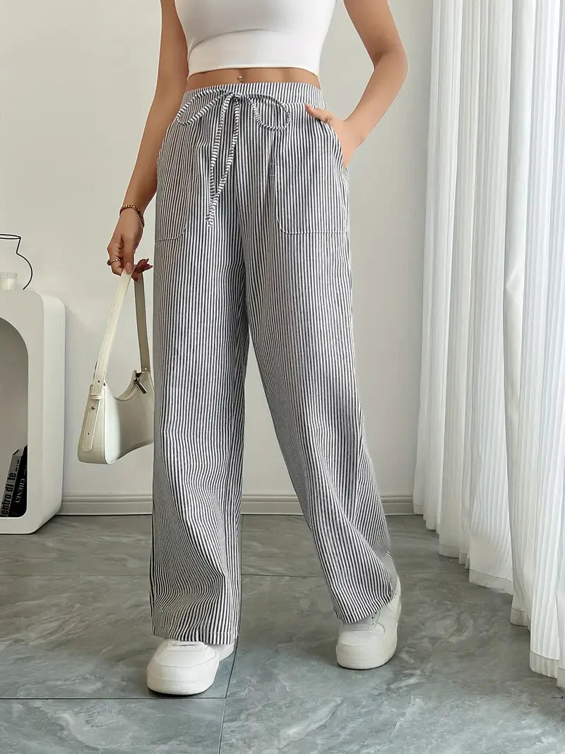 Women's Striped Wide Leg Pants Drawstring High Waist Pockets Casual Trousers