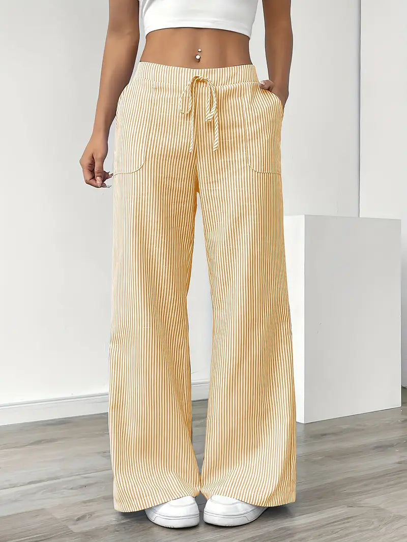 Women's Striped Wide Leg Pants Drawstring High Waist Pockets Casual Trousers