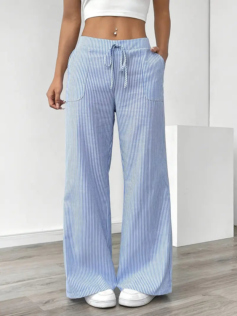 Women's Striped Wide Leg Pants Drawstring High Waist Pockets Casual Trousers