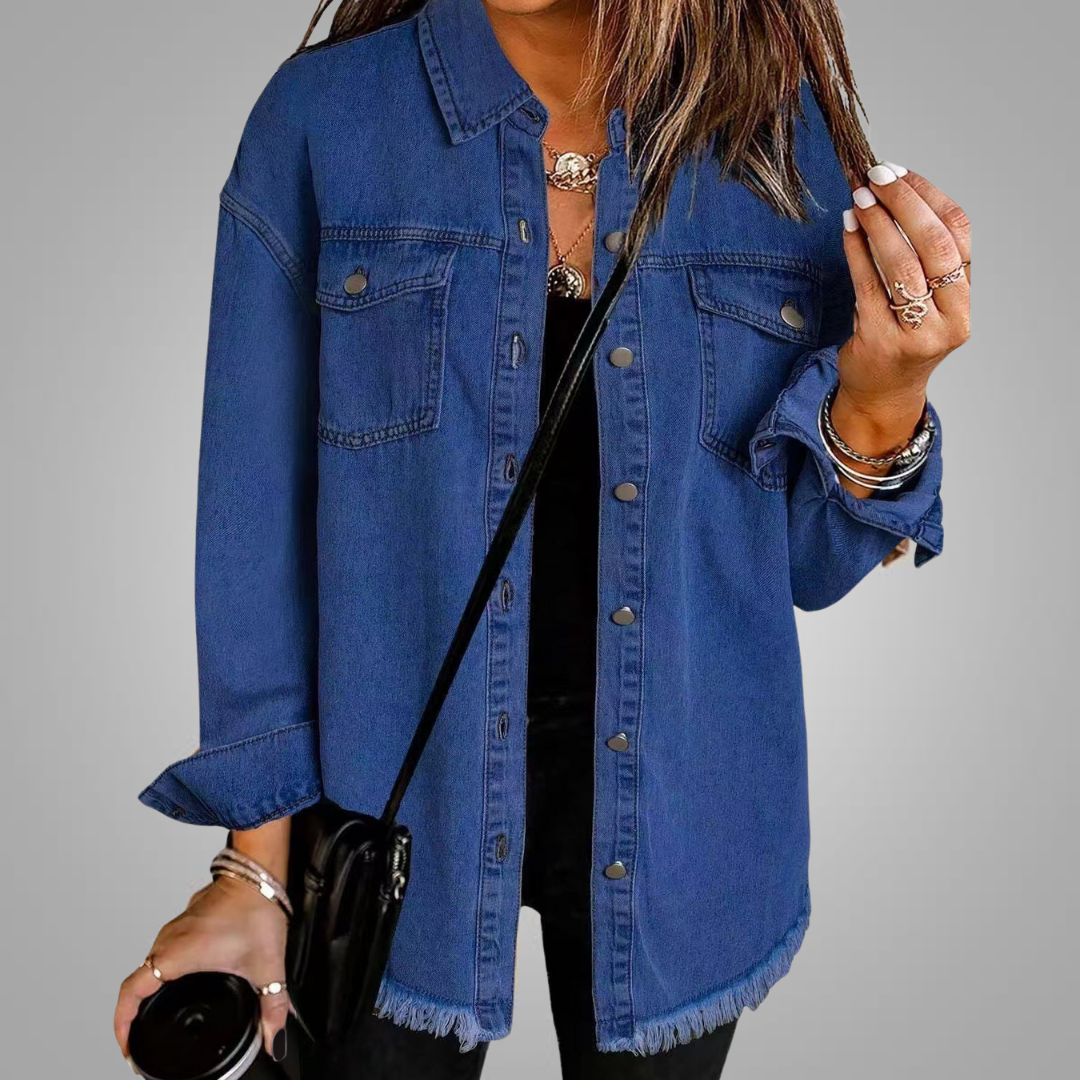 Women's Denim Jacket Frayed Hem Long Sleeve Chest Pockets Button-Up Casual