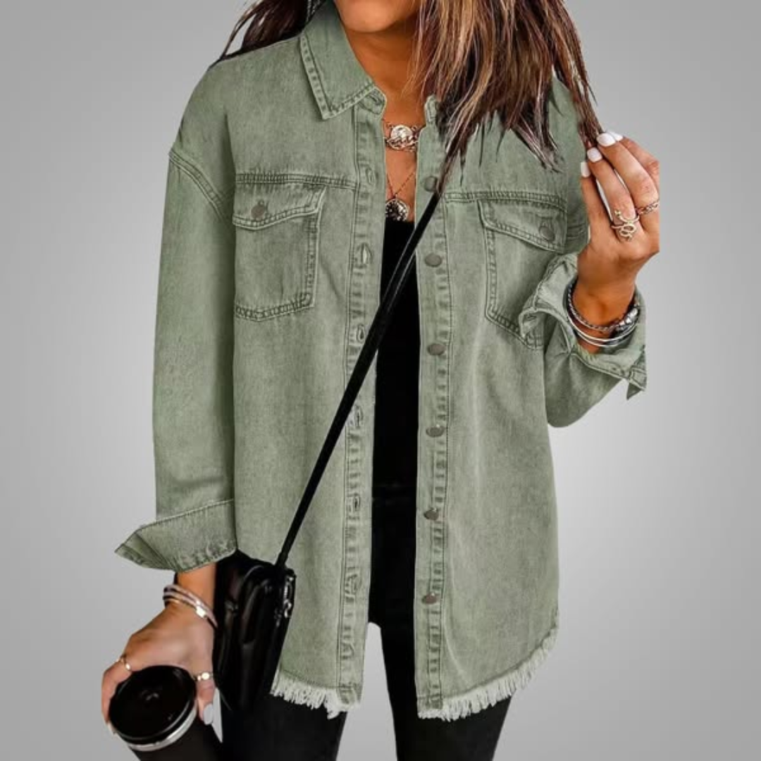 Women's Denim Jacket Frayed Hem Long Sleeve Chest Pockets Button-Up Casual
