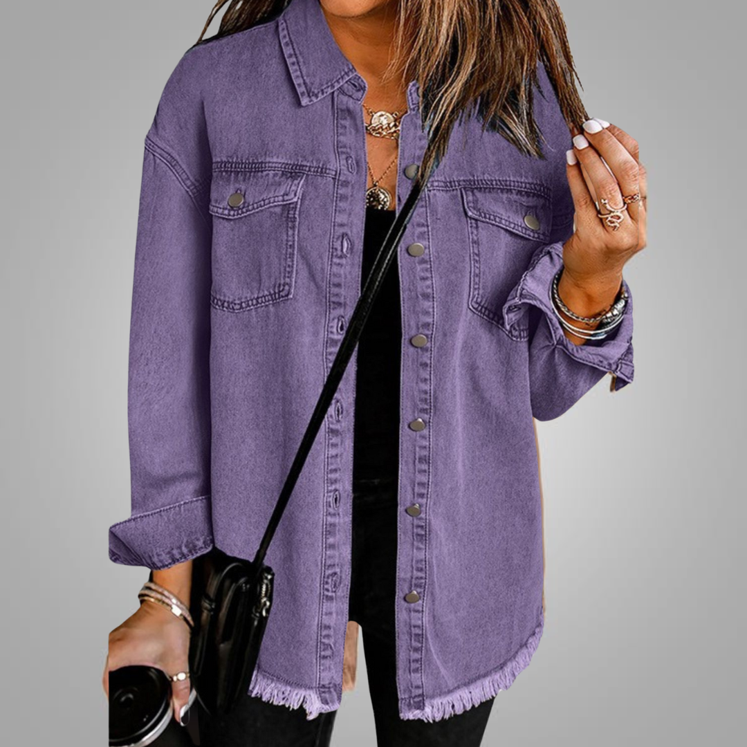 Women's Denim Jacket Frayed Hem Long Sleeve Chest Pockets Button-Up Casual