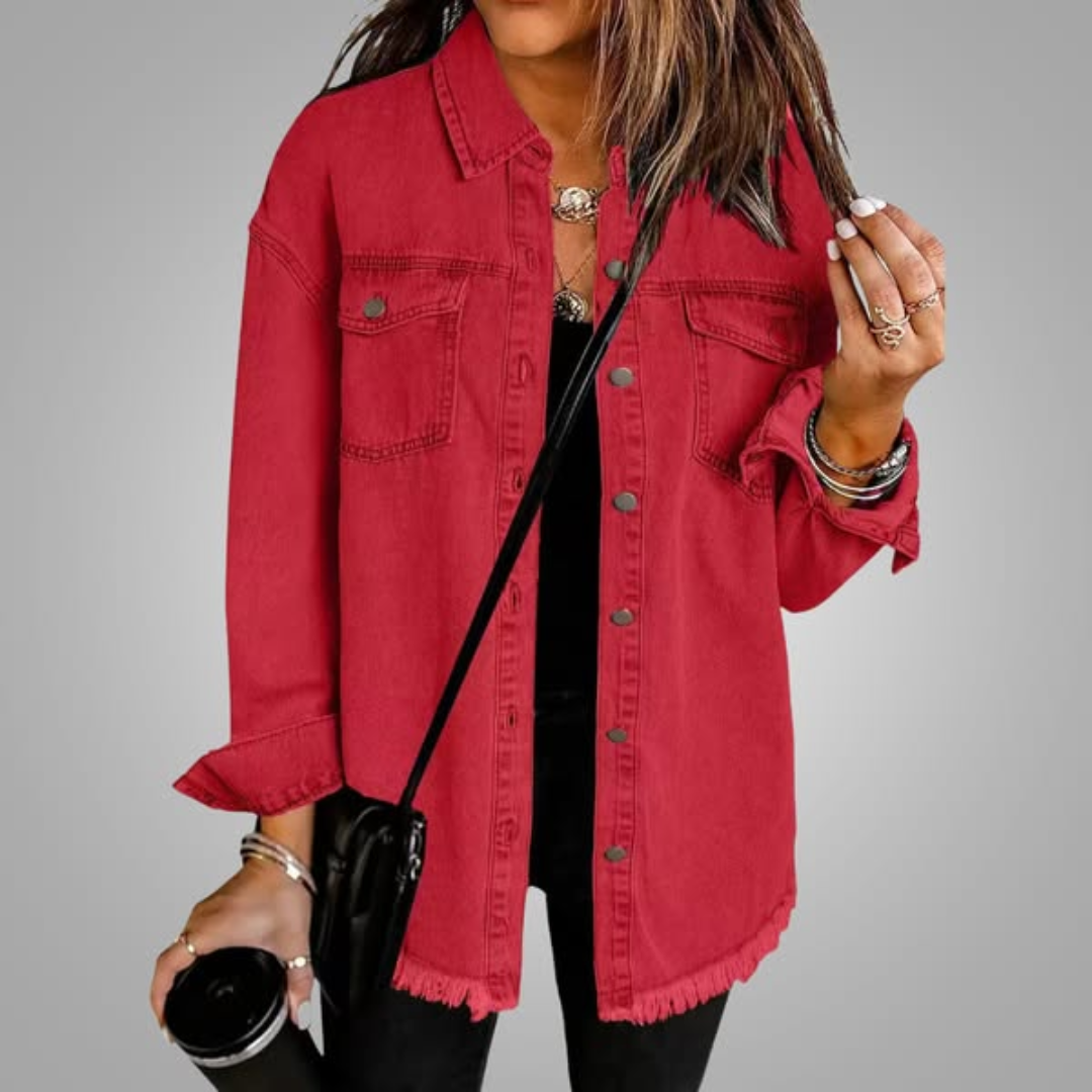 Women's Denim Jacket Frayed Hem Long Sleeve Chest Pockets Button-Up Casual