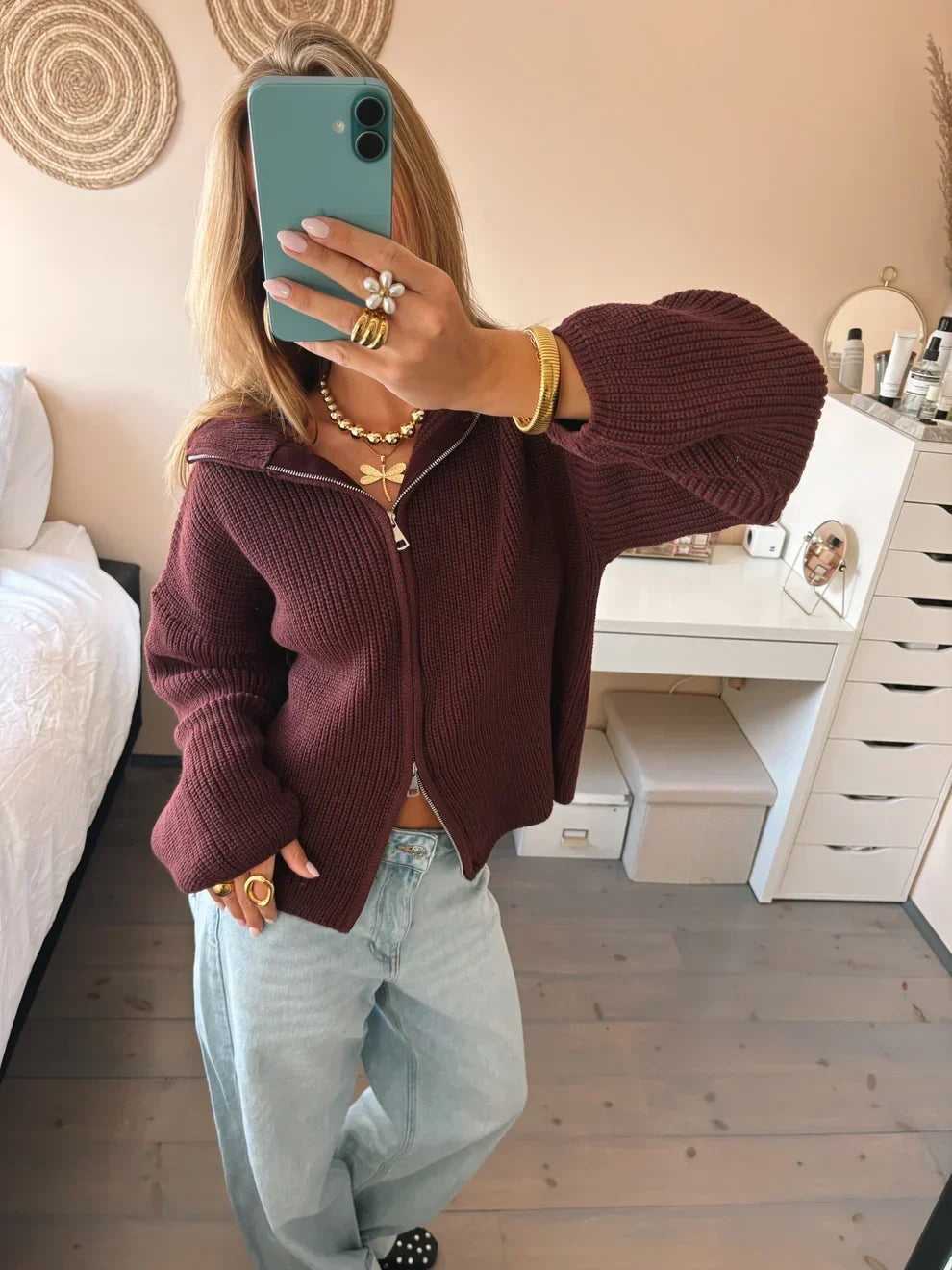 Women's Ribbed Zip Front Cardigan – Collared Balloon Sleeve Everyday Knit