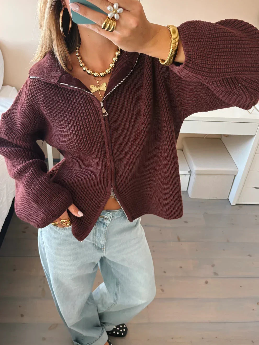 Women's Ribbed Zip Front Cardigan – Collared Balloon Sleeve Everyday Knit