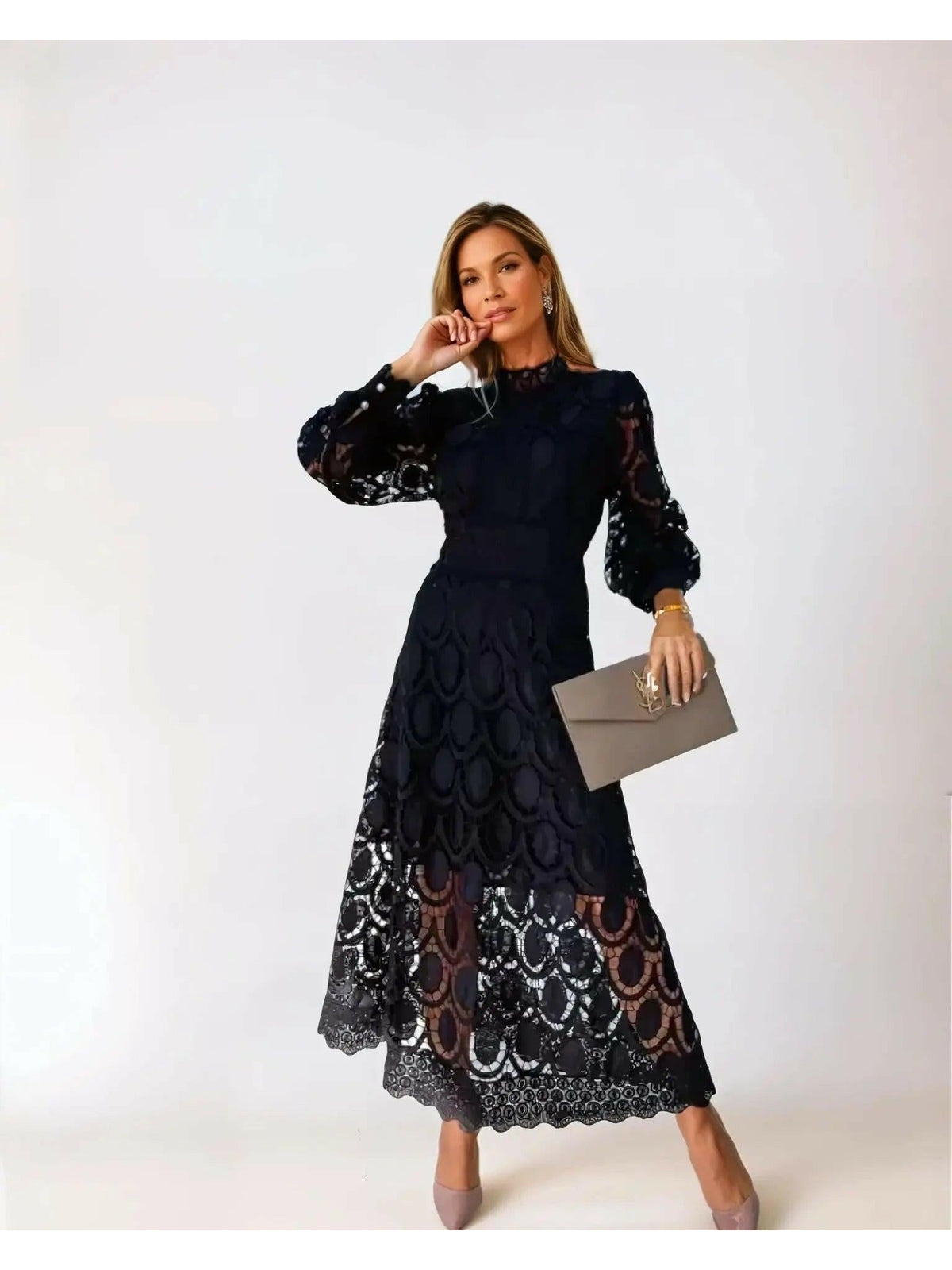 Women's Lace Maxi Dress Long Sleeve High Neck Cutout A-Line