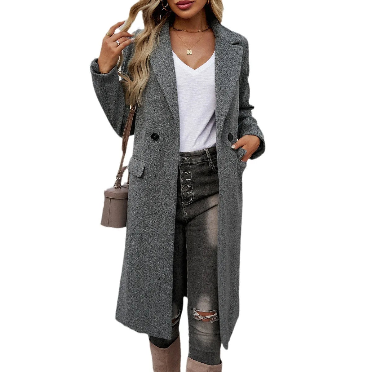 Women's Long Trench Coat Notch Collar Double-Breasted Casual Winter Outerwear