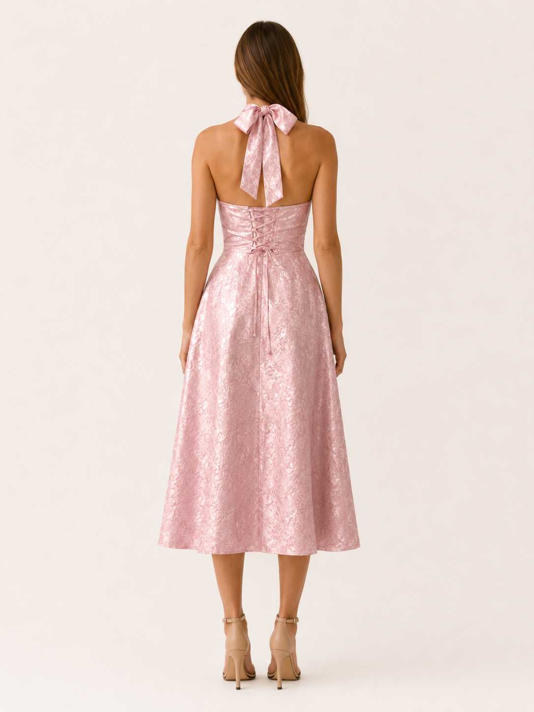 Women's Halter Neck Midi Dress Corset Bodice Pink Floral A-Line V-Neck