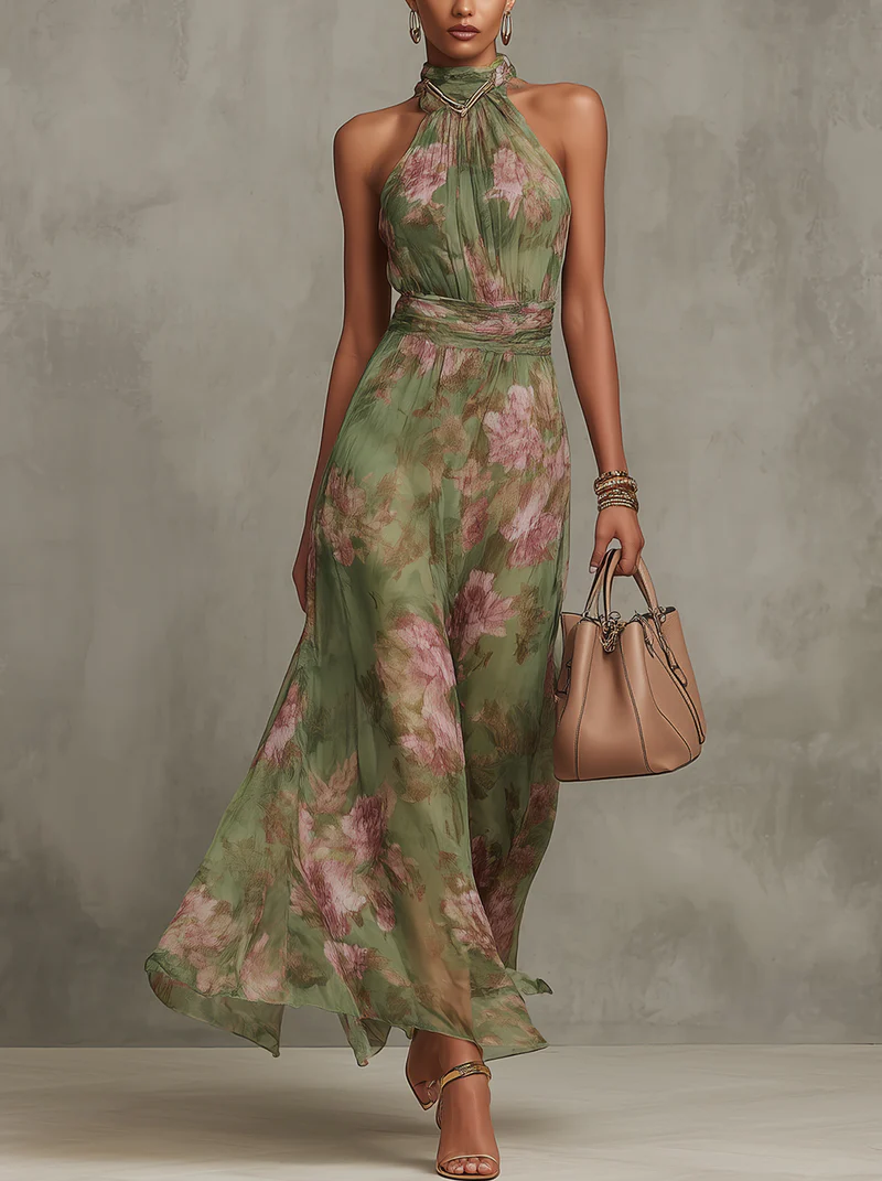 Women's Maxi Dress Floral Halter Neck Casual Summer