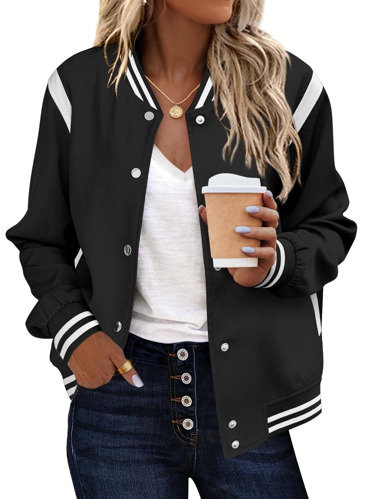 Women's Bomber Jacket Contrast Stripe Varsity Stand Collar Snap Button Casual Wear