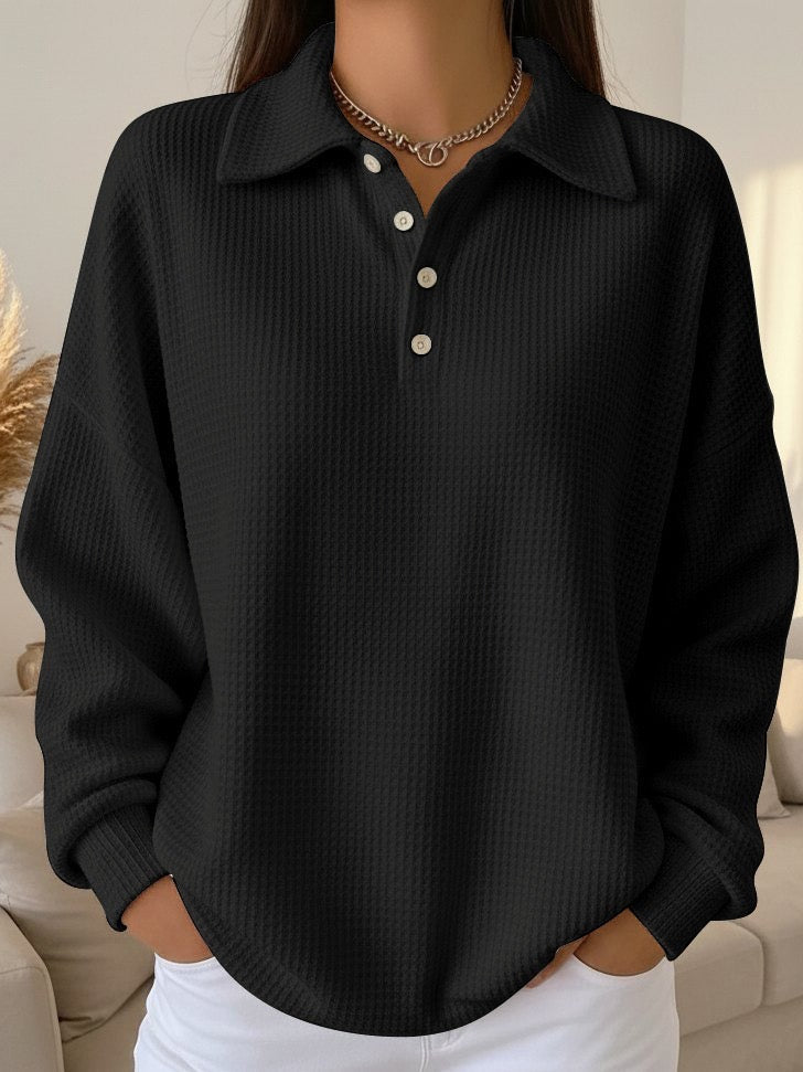 Women's Waffle Knit Polo Sweater Collared Button Long Sleeve Casual Pullover