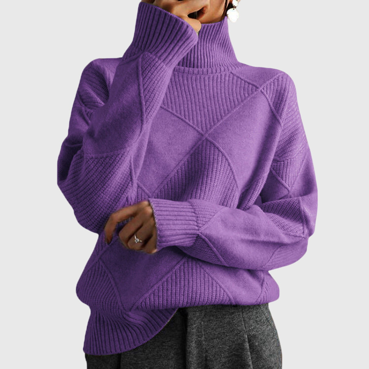 Women's Turtleneck Sweater Argyle Textured Long Sleeve Knit Pullover Winter