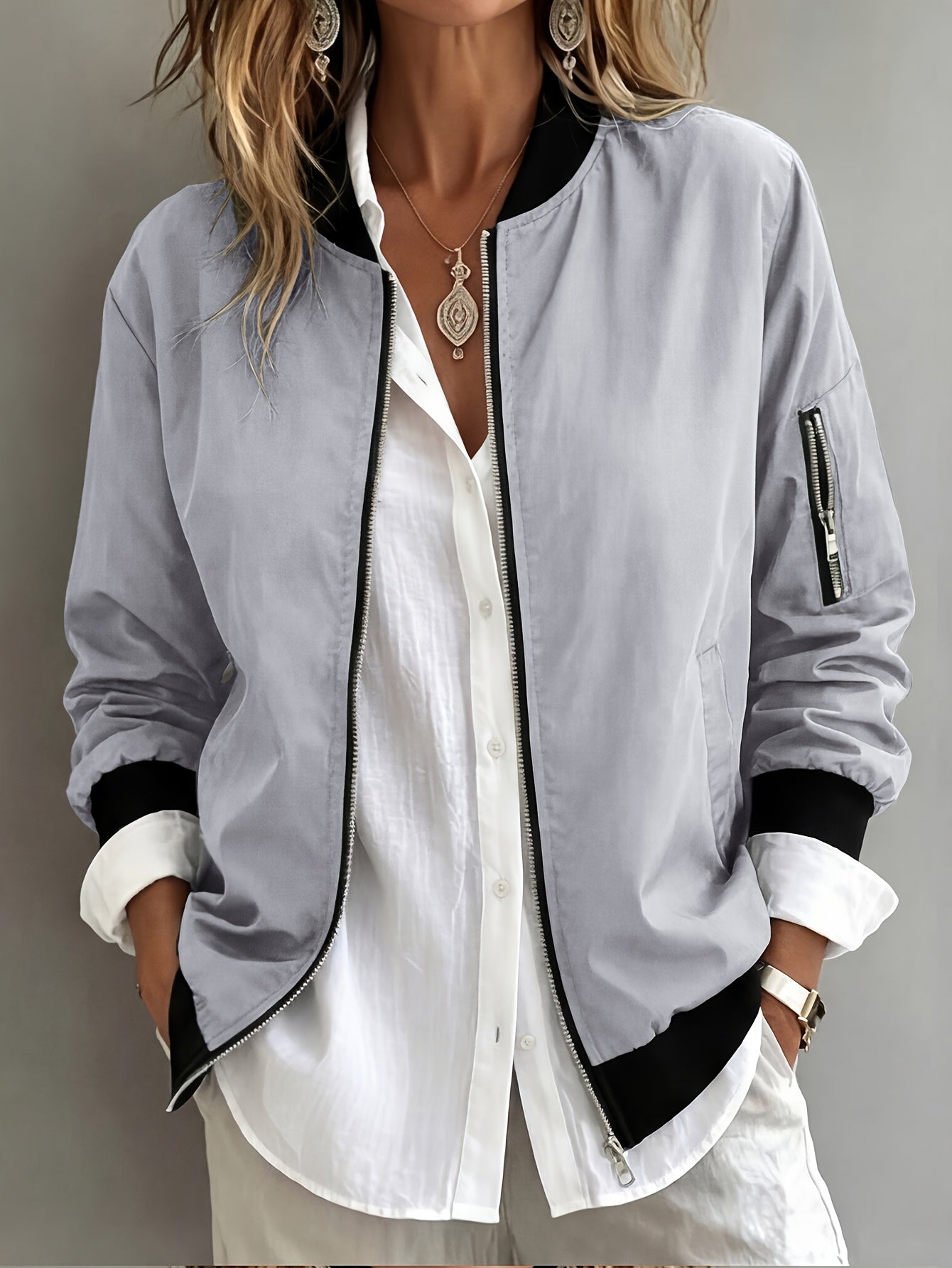 Women's Bomber Jacket Zip Up Ribbed Collar Long Sleeve Sleeve Pocket Casual Everyday