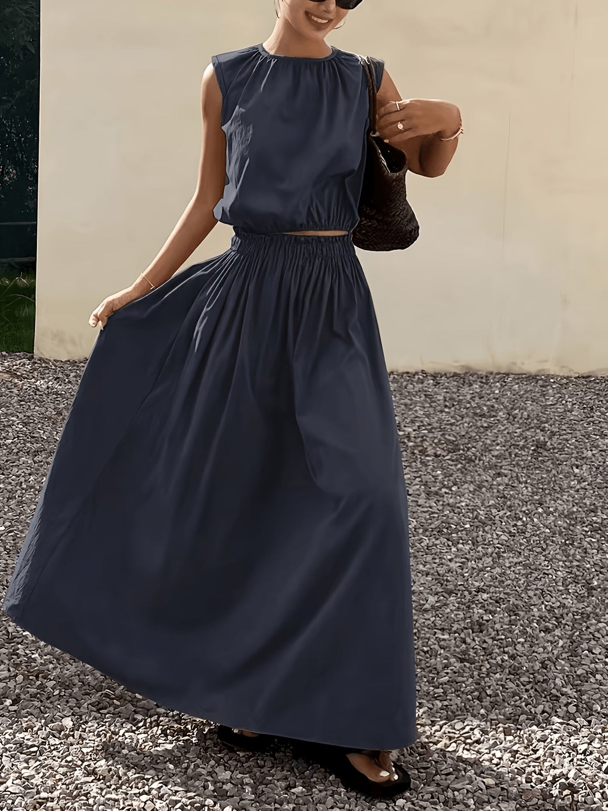 Women's Sleeveless Top and High-Waist Maxi Skirt 2pcs Set Round Neck Casual Outfit
