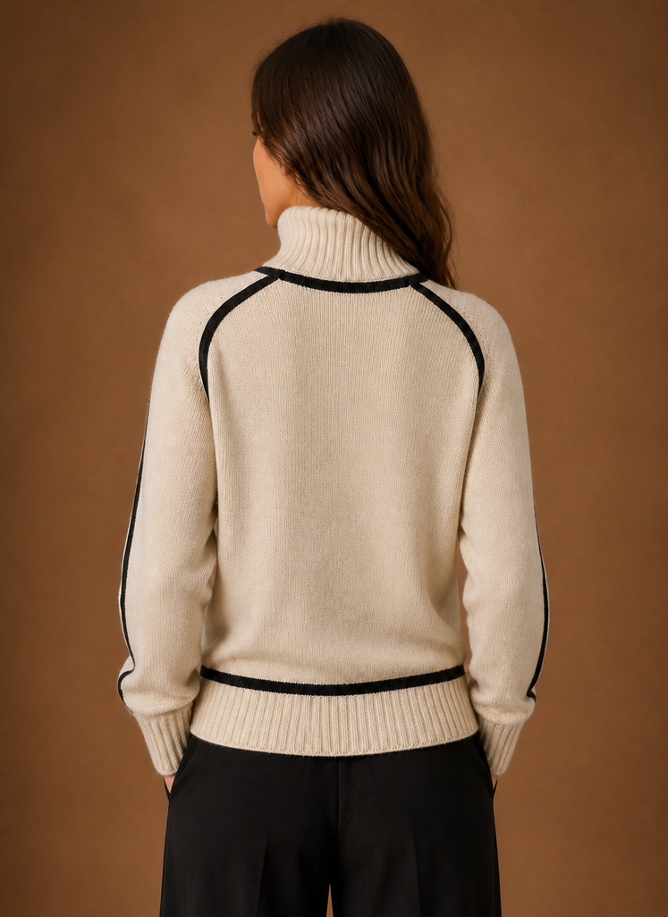 Women's Turtleneck Sweater Contrast Trim Long Sleeve Wool Blend Knit Winter Top