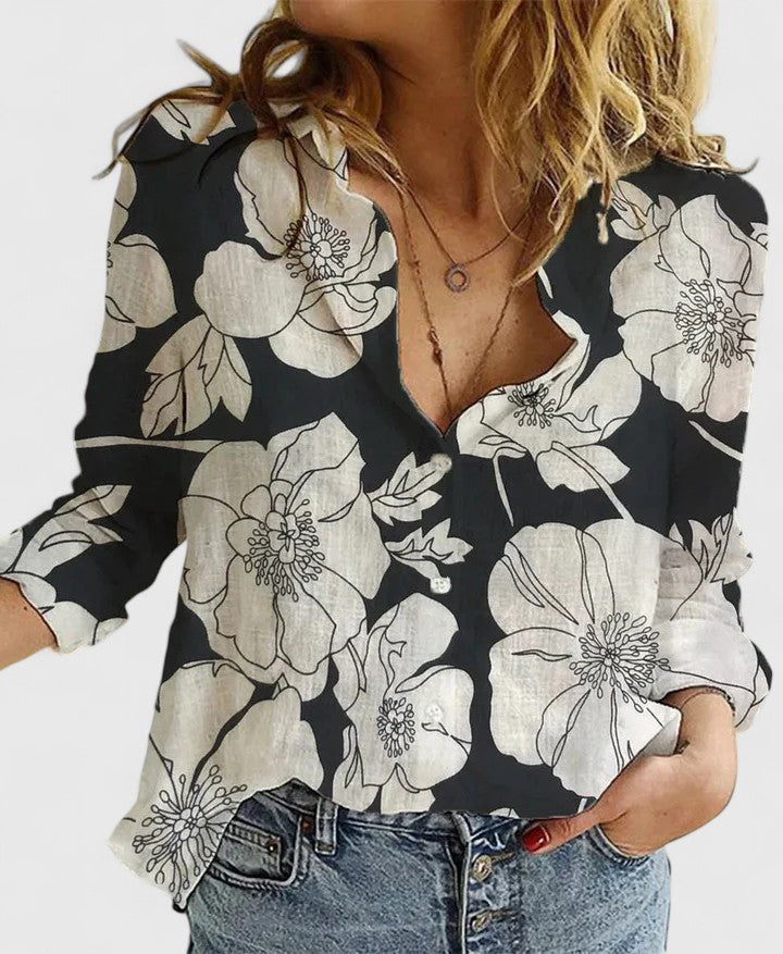 Women's Linen Button Down Shirt Lapel Collar Long Sleeve Casual Top