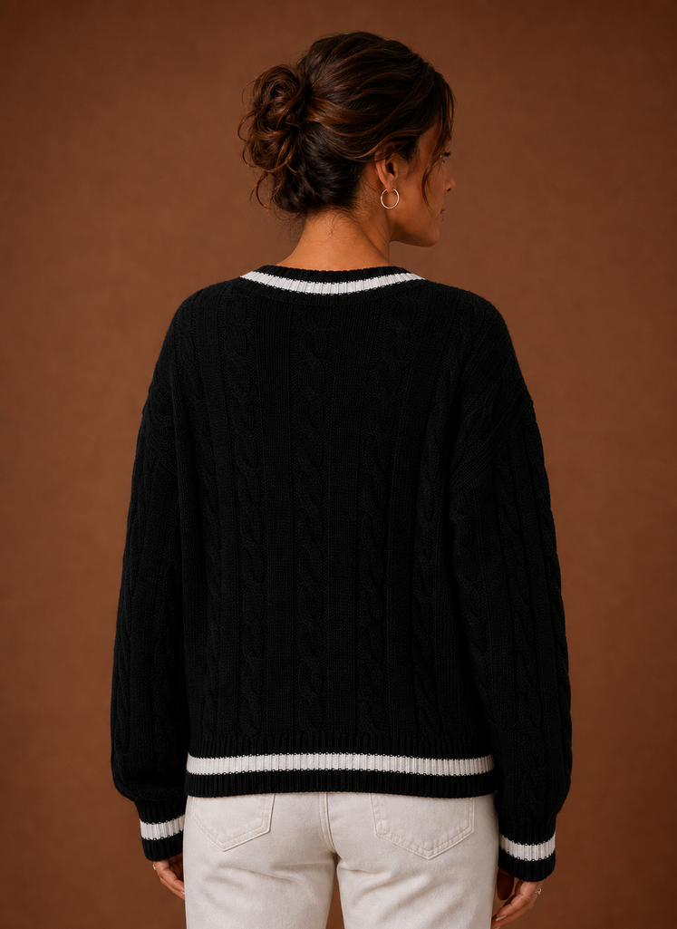 Women's Cable Knit Sweater V-Neck Long Sleeve Pullover Striped Trim Casual