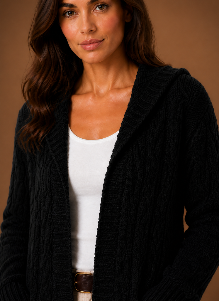 Women's Cable Knit Cardigan Hooded Long Sleeve Open Front Green Sweater