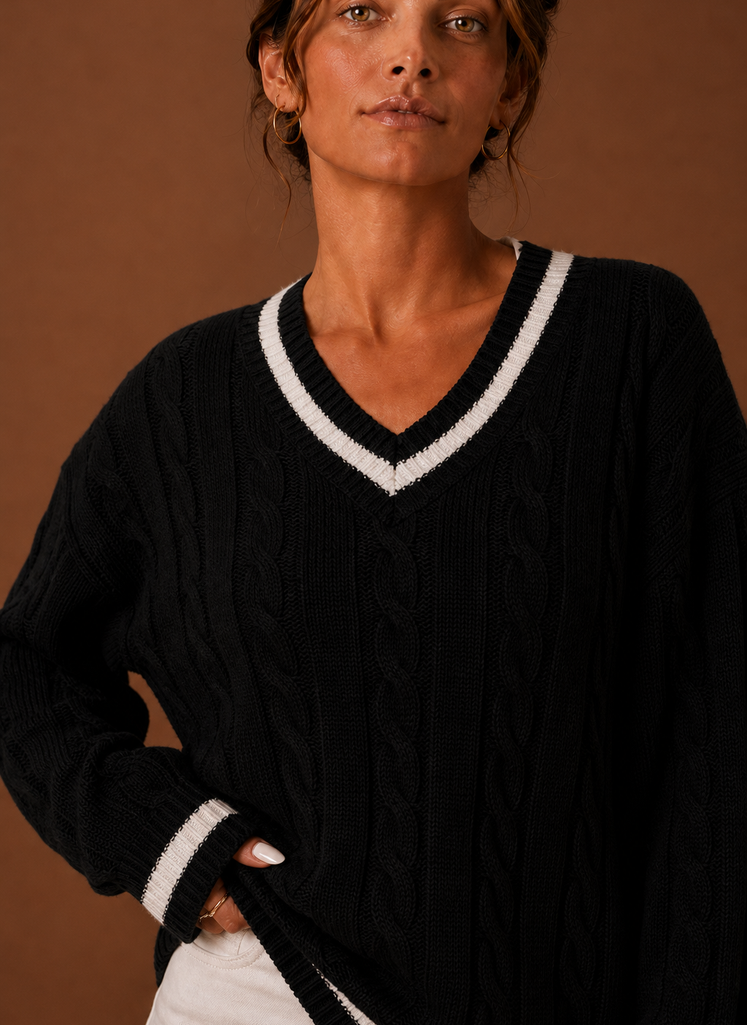 Women's Cable Knit Sweater V-Neck Long Sleeve Pullover Striped Trim Casual