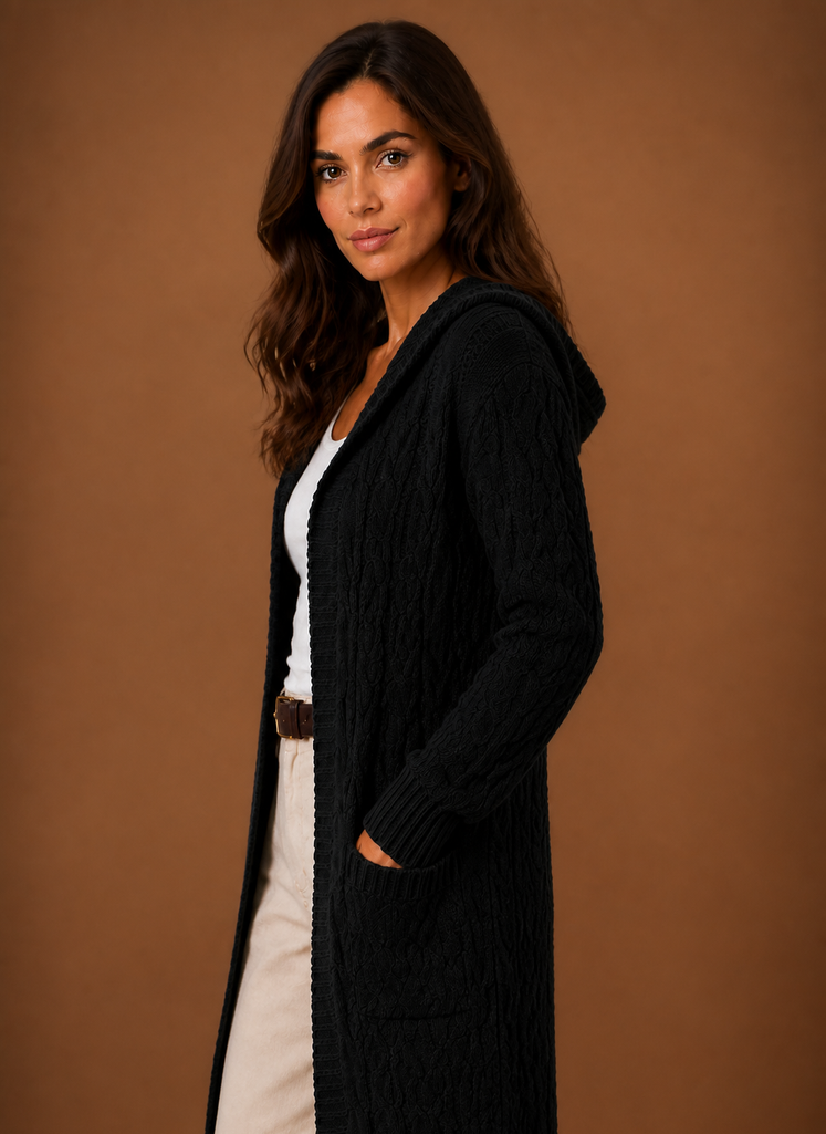 Women's Cable Knit Cardigan Hooded Long Sleeve Open Front Green Sweater