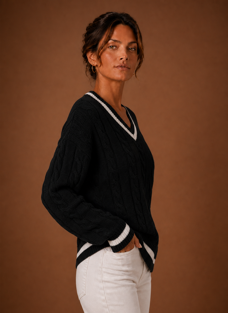 Women's Cable Knit Sweater V-Neck Long Sleeve Pullover Striped Trim Casual