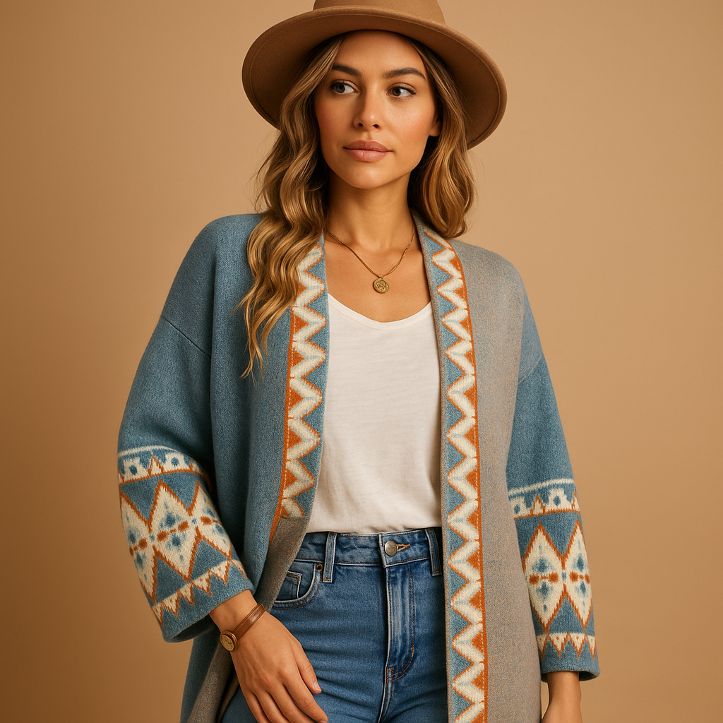 Women's Boho Jacquard Cardigan Open Front Aztec Print Long Sleeve Knit