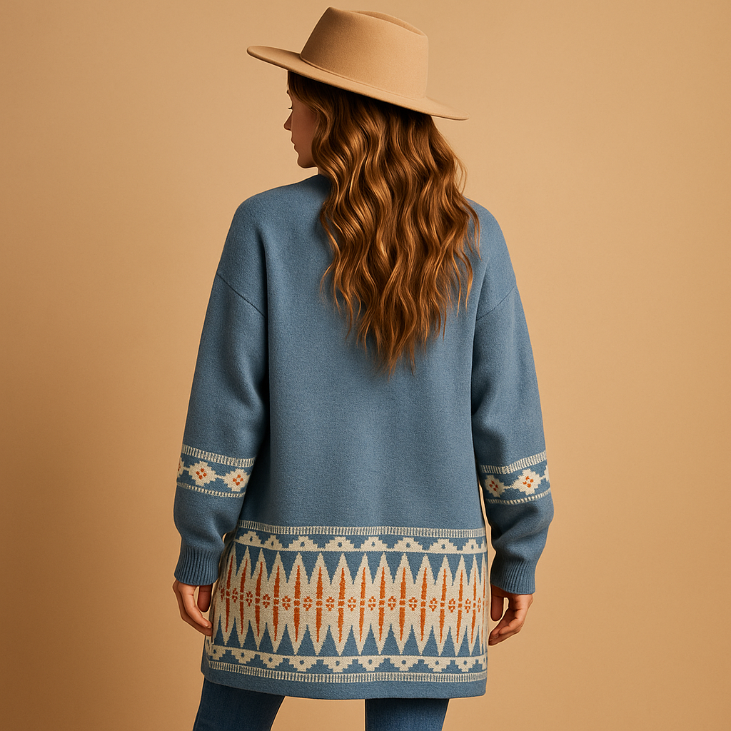 Women's Boho Jacquard Cardigan Open Front Aztec Print Long Sleeve Knit